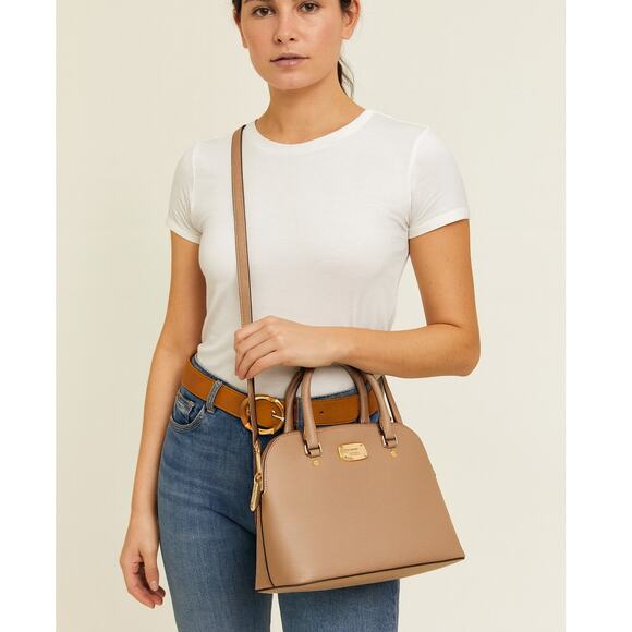 Michael Kors Cindy Dome Saffiano Leather Satchel Tan Convertible Straps AV-1610 - Picture 1 of 9